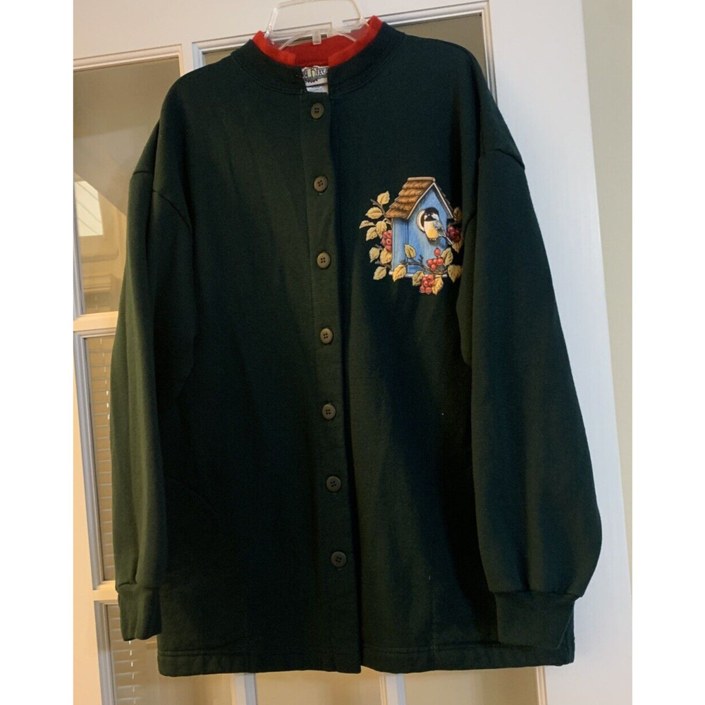 Day Breeze green vintage bird themed crewneck button sweatshirt collared LARGE